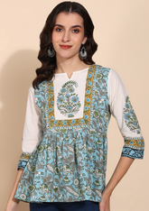 "Blue Orchard" Pure Cotton Printed Top