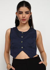"Midnight Edge" Sleeveless Cavalry Twill Crop Waistcoat – Navy