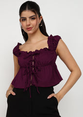 "Rosette Ruffle" Tie-Front Textured Crop Top – Wine