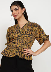 "Savannah Muse" Leopard Smocked Peplum Top – Mustard