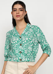 "Verdant Charm" Printed Button-Down Shirt – Green