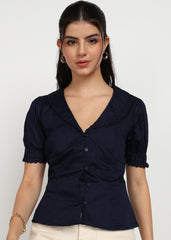 "Midnight Grace" Lace-Trim Cotton Satin Blouse – Navy