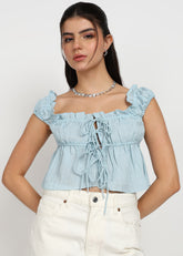 "Rosette Ruffle" Tie-Front Textured Crop Top – Sky Blue