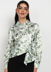 "Olive Whisper" Satin Tie-Front Shirt – Olive Green