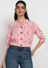 "Petal Muse" Printed Button-Down Top – Peach