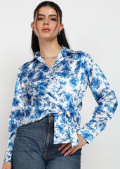"Blue Mirage" Satin Tie-Front Shirt – Royal Blue