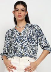 "Midnight Bloom" Printed Button-Down Shirt – Navy & White