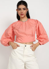 "Coral Breeze" Gathered Cotton Satin Crop Top – Coral