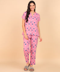"Pink Pause" Viscose Printed Night Suit