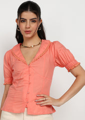 "Coral Charm" Lace-Trim Cotton Satin Blouse – Coral
