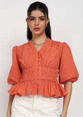 "Coral Ember" Smocked Peplum Top – Coral