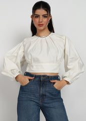 "Ivory Whisper" Gathered Cotton Satin Crop Top – Ivory