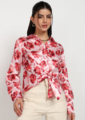 "Rosy Bloom" Poly Satin Tie-Front Shirt – Blush Pink