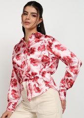"Rosy Bloom" Poly Satin Tie-Front Shirt – Blush Pink