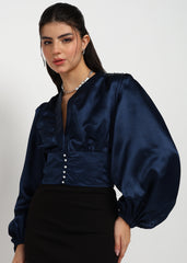 "Midnight Ember" Satin Structured Wrap Blouse – Navy
