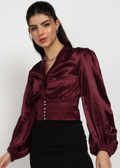 "Velvet Ember" Satin Structured Wrap Blouse – Wine