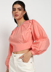 "Coral Breeze" Gathered Cotton Satin Crop Top – Coral