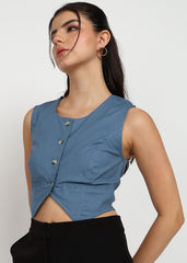 "Slate Edge" Sleeveless Cavalry Twill Crop Waistcoat – Blue