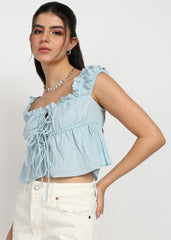 "Rosette Ruffle" Tie-Front Textured Crop Top – Sky Blue
