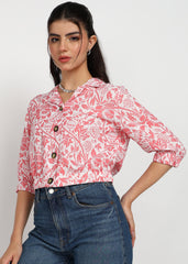 "Petal Muse" Printed Button-Down Top – Peach