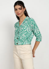 "Verdant Charm" Printed Button-Down Shirt – Green