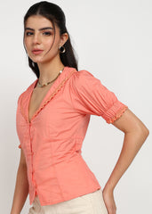 "Coral Charm" Lace-Trim Cotton Satin Blouse – Coral