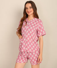 Half Sleeves Shirt & Short Set In Pink Color - Viscose