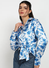 "Blue Mirage" Satin Tie-Front Shirt – Royal Blue