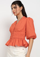 "Coral Ember" Smocked Peplum Top – Coral