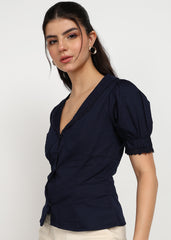 "Midnight Grace" Lace-Trim Cotton Satin Blouse – Navy