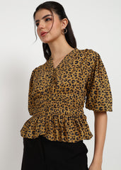 "Savannah Muse" Leopard Smocked Peplum Top – Mustard