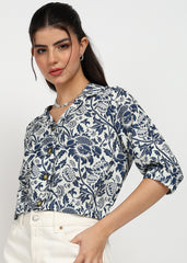 "Midnight Bloom" Printed Button-Down Shirt – Navy & White