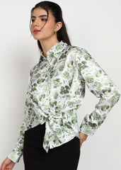 "Olive Whisper" Satin Tie-Front Shirt – Olive Green