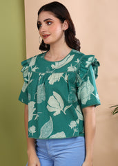 "Botanic Breeze" Pure Cotton Ruffle Top