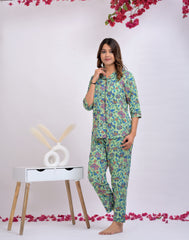 "Mint Bloom" Printed Viscose Night Suit