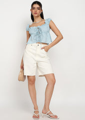 "Rosette Ruffle" Tie-Front Textured Crop Top – Sky Blue