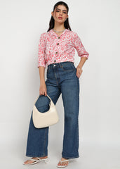 "Petal Muse" Printed Button-Down Top – Peach