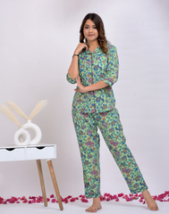"Mint Bloom" Printed Viscose Night Suit