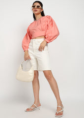 "Coral Breeze" Gathered Cotton Satin Crop Top – Coral