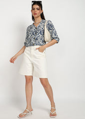 "Midnight Bloom" Printed Button-Down Shirt – Navy & White