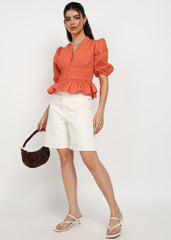 "Coral Ember" Smocked Peplum Top – Coral