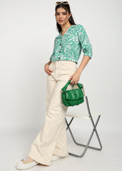 "Verdant Charm" Printed Button-Down Shirt – Green