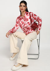 "Rosy Bloom" Poly Satin Tie-Front Shirt – Blush Pink