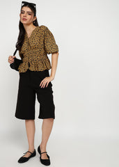 "Savannah Muse" Leopard Smocked Peplum Top – Mustard