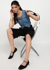 "Slate Edge" Sleeveless Cavalry Twill Crop Waistcoat – Blue