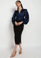 "Midnight Ember" Satin Structured Wrap Blouse – Navy