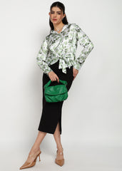 "Olive Whisper" Satin Tie-Front Shirt – Olive Green
