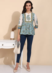 "Blue Orchard" Pure Cotton Printed Top