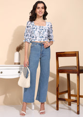 "Blue Bloom" Puff Sleeve Crop Top