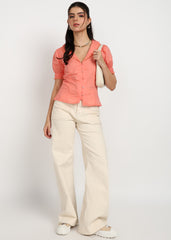 "Coral Charm" Lace-Trim Cotton Satin Blouse – Coral